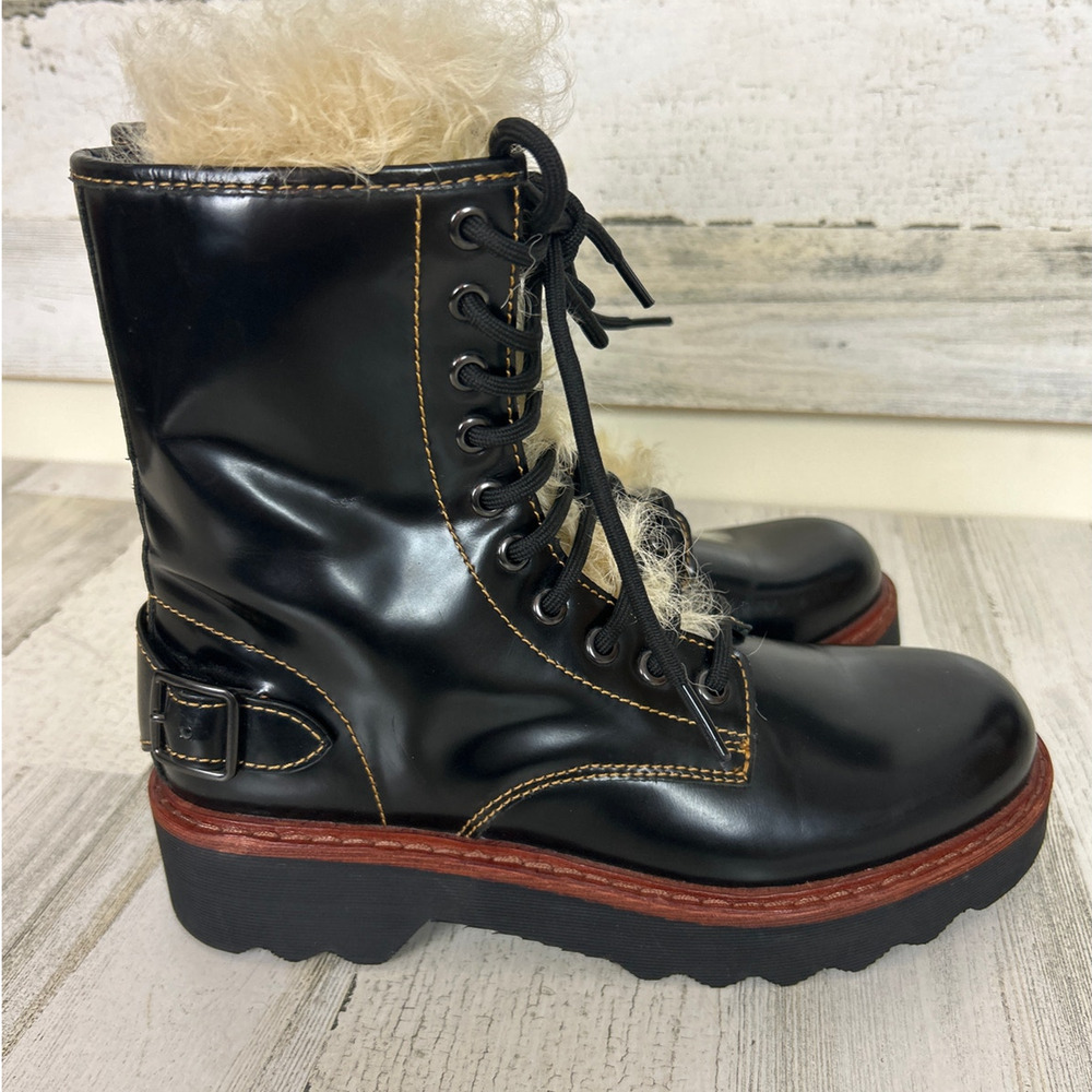 Coach Womens 7.5 Black Leather Moto Hiker Ankle Boots Shearling Platform NEW - Picture 5 of 10